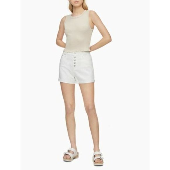 CALVIN KLEIN WHITE HIGH RISE BUTTON FLY RAW ROLLED CUFF DENIM‎ SHORTS SZ 26 - Picture 1 of 11
